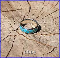Zuni Ring Sterling Silver All Around Turquoise Inlay Jewelry Native Am Sz 9.5US