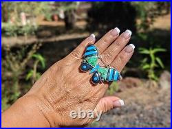 Zuni Ring, Sterling Silver Butterfly Inlay Stones, Signed Jewelry Sz 7.5US