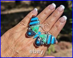 Zuni Ring, Sterling Silver Butterfly Inlay Stones, Signed Jewelry Sz 7.5US
