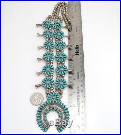 Zuni Signed Sterling Silver Petit Point Turquoise Squash Blossom Necklace RS A