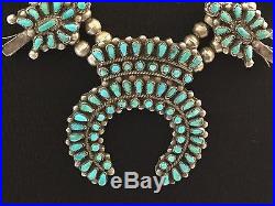 Zuni Squash Blossom Necklace Petit Point Turquoise and Sterling Silver 1930s