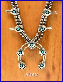 Zuni Squash Blossom Necklace ca. 1990 Sterling Silver and Turquoise Bear Paw