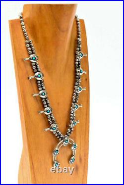 Zuni Squash Blossom Necklace ca. 1990 Sterling Silver and Turquoise Bear Paw