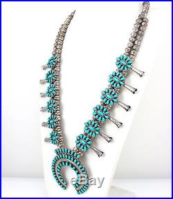 Zuni Sterling Silver Petit Point Turquoise Squash Blossom Naja Necklace G TT