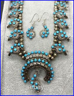 Zuni Sterling Silver Petit Point Turquoise Squash Blossom Necklace Earrings Set