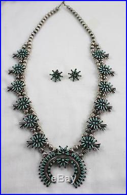 Zuni Sterling Silver Turquoise Needle Point Squash Blossom Necklace Ed Niiha