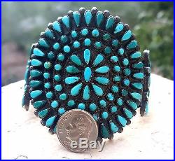 Zuni Sterling Silver Turquoise Old Pawn Large Cluster Petit Point Cuff Bracelet