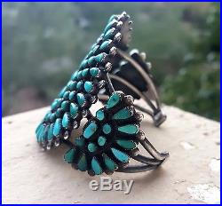 Zuni Sterling Silver Turquoise Old Pawn Large Cluster Petit Point Cuff Bracelet